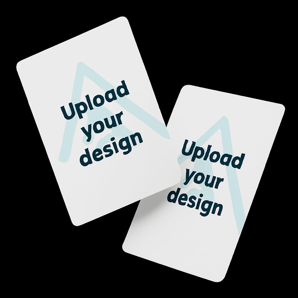 Two white cards with 'Upload your design' text on a black background