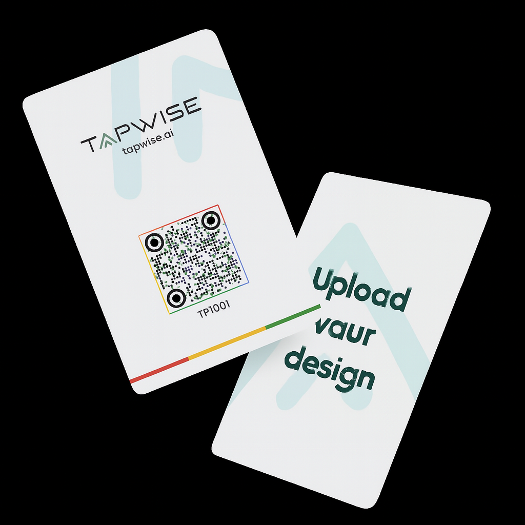 Two cards with QR code and text on a black background