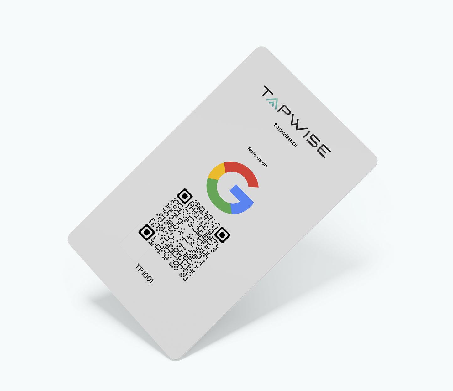 White card with QR code and logos on a white background