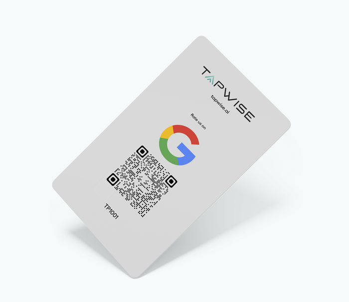 White card with QR code and logos on a white background