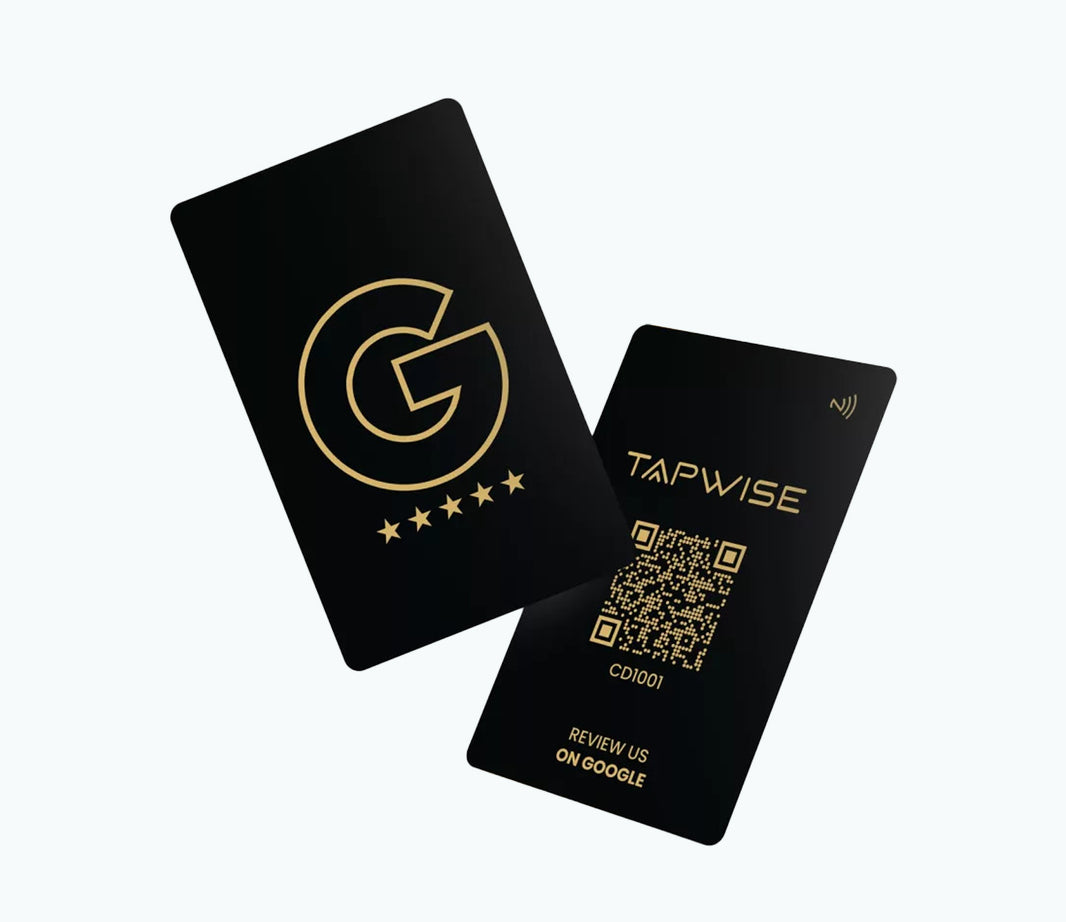 Two black cards with gold text and logos on a white background
