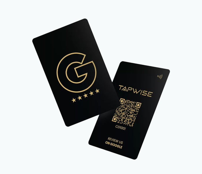 Two black cards with gold text and logos on a white background