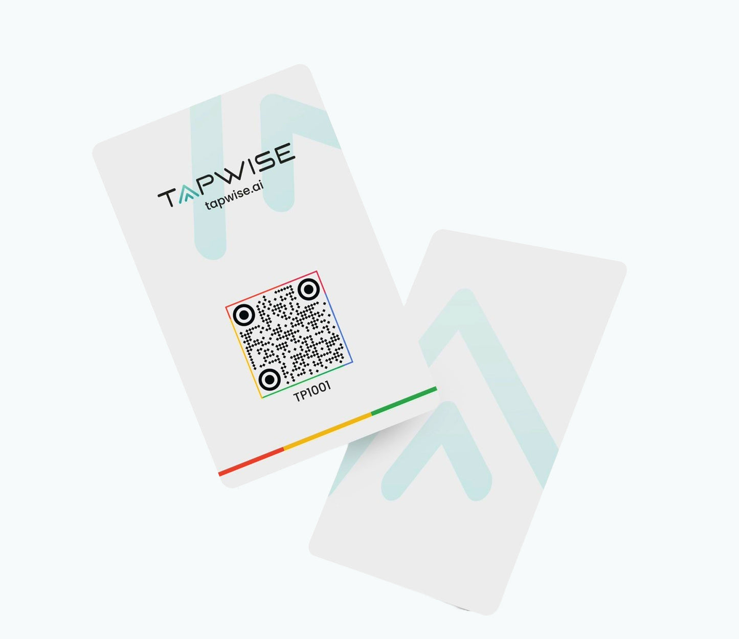 Two white cards with QR code and brand name on a light gray background