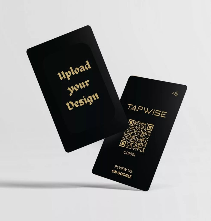 Two black cards with gold text on a white background